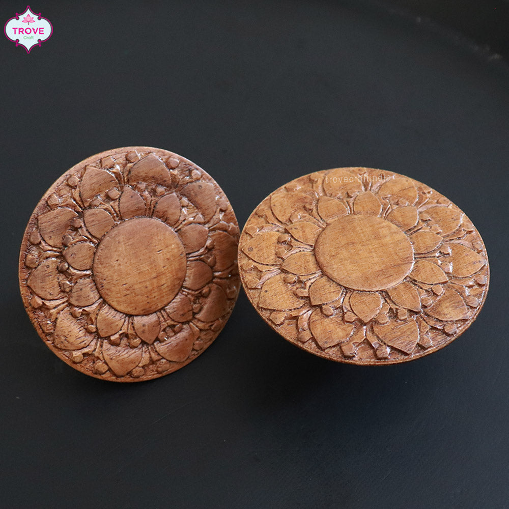 Set of 2 - Hand Carved Door Knob Lotus Chakra