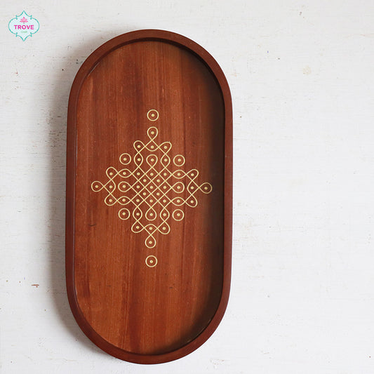 oval wooden tray kolam design