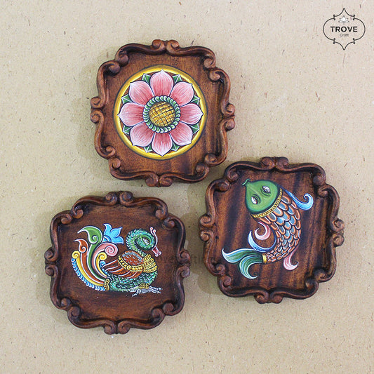 Set of 3 Hand painted kalamkari Peacock, Lotus & Fish on carved wooden plaques