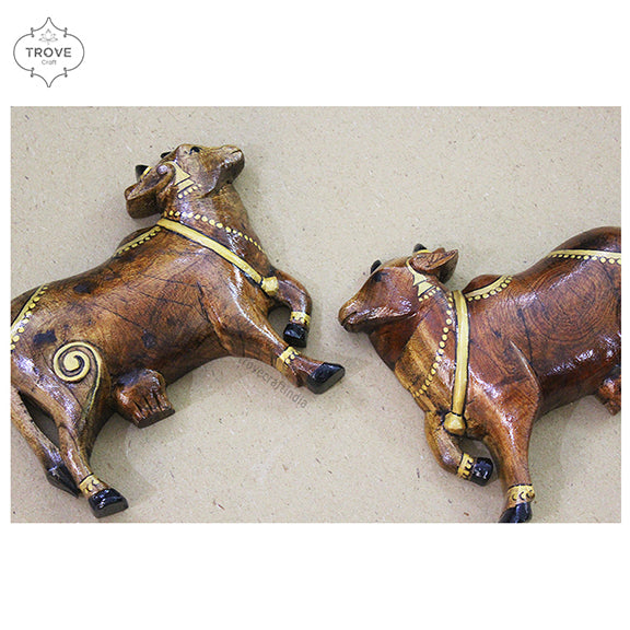 Set of 2 Hand carved wooden Pichwai Cow - Wall Hanging