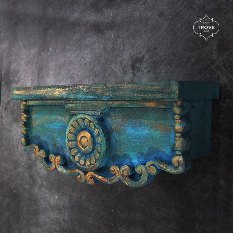Distressed carved wall shelf - ocean blue - Trove Craft India