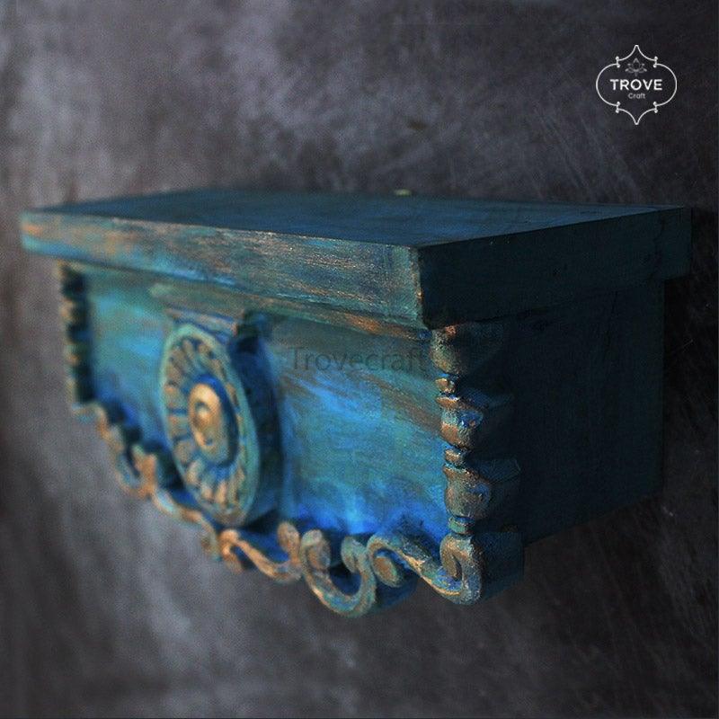 Distressed carved wall shelf - ocean blue - Trove Craft India